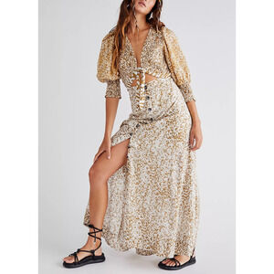 Free People String Of Hearts Green Viscose Printed Maxi Dress Size XS